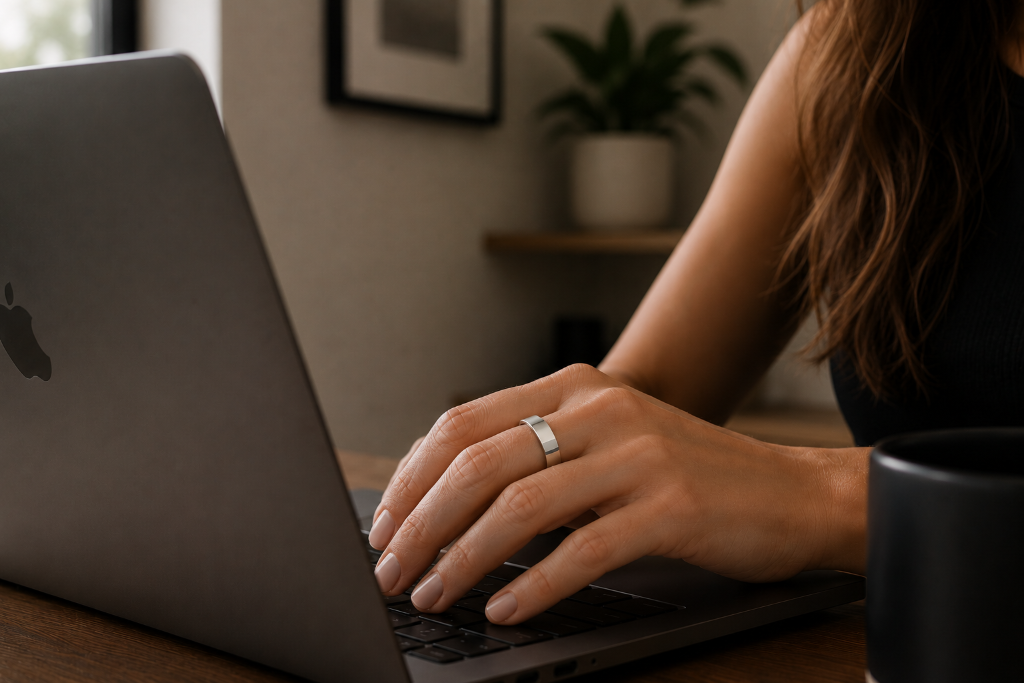 A person wearing a silver smart ring while working on a laptop
