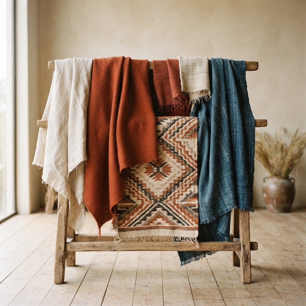 Hand-loomed natural textiles draped on a wooden stand