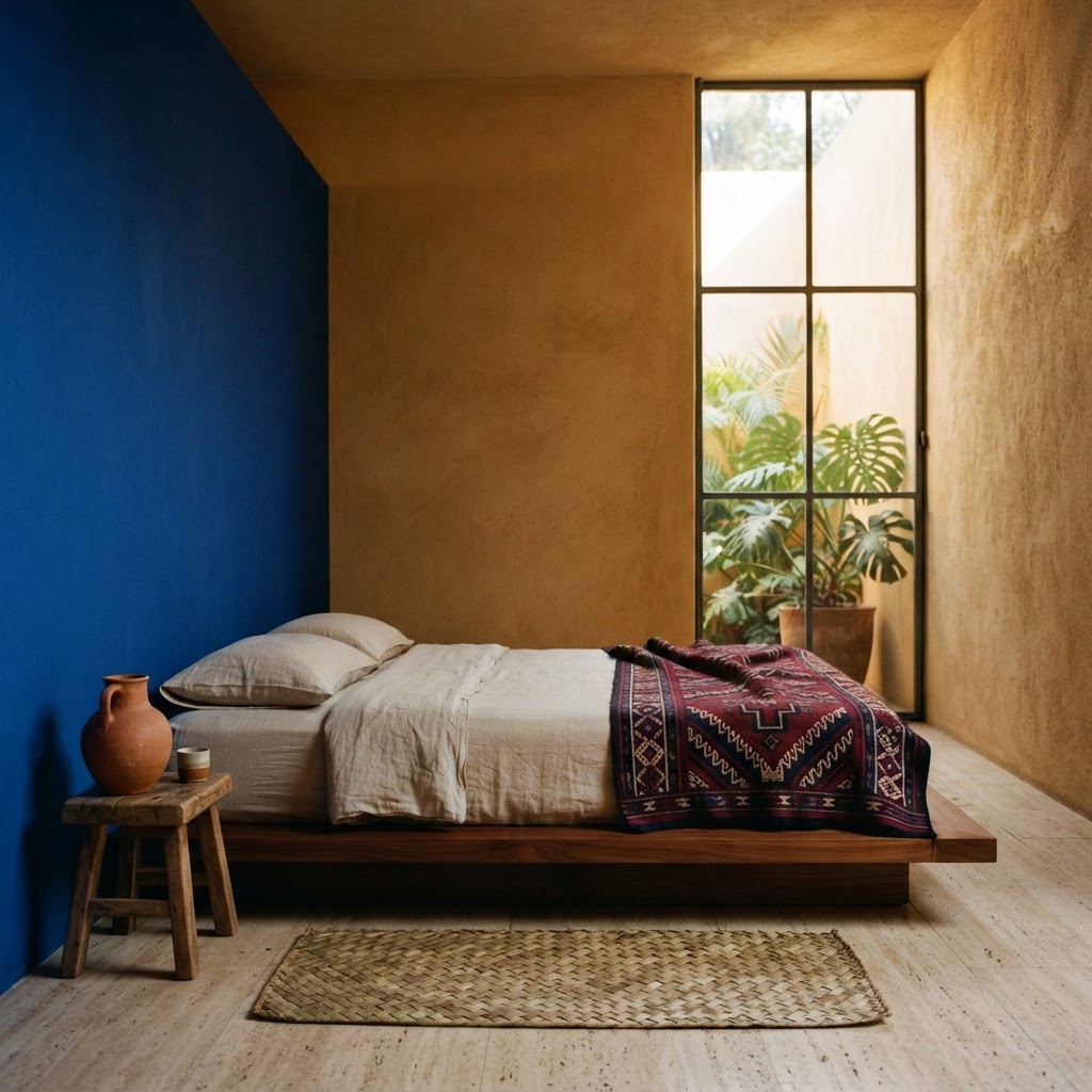 A desert-modern interior with limewash plaster, travertine, and hand-fired clay