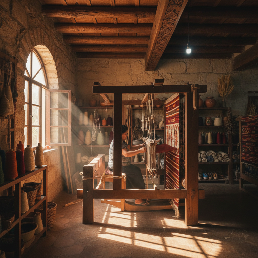 Master Zapotec weaver at traditional loom in Oaxacan workshop