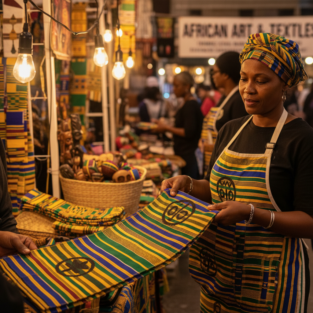 Ghanaian artisan presenting traditional kente cloth at Chicago South Side market