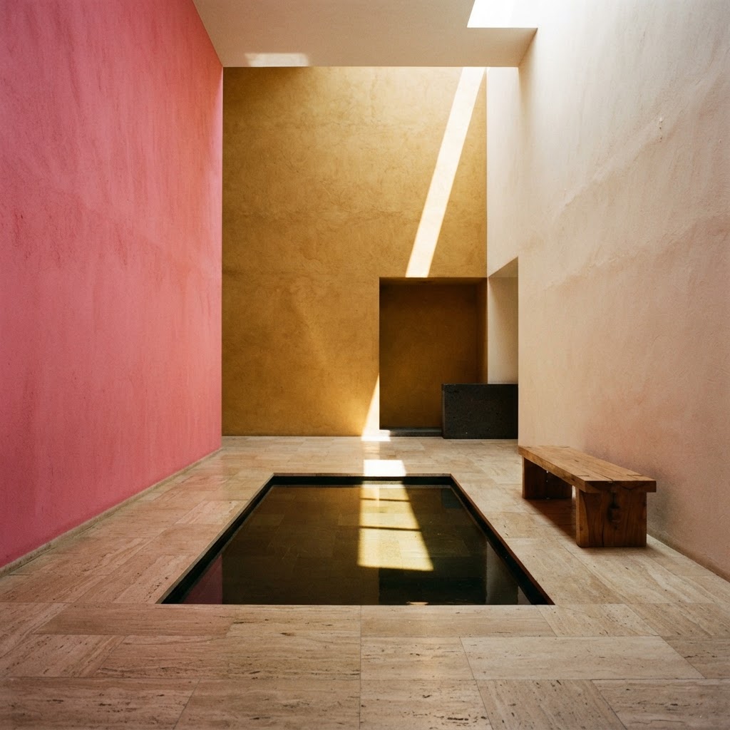 A Barragán-inspired modernist interior with planes of rosa mexicano, ochre and a still reflecting pool