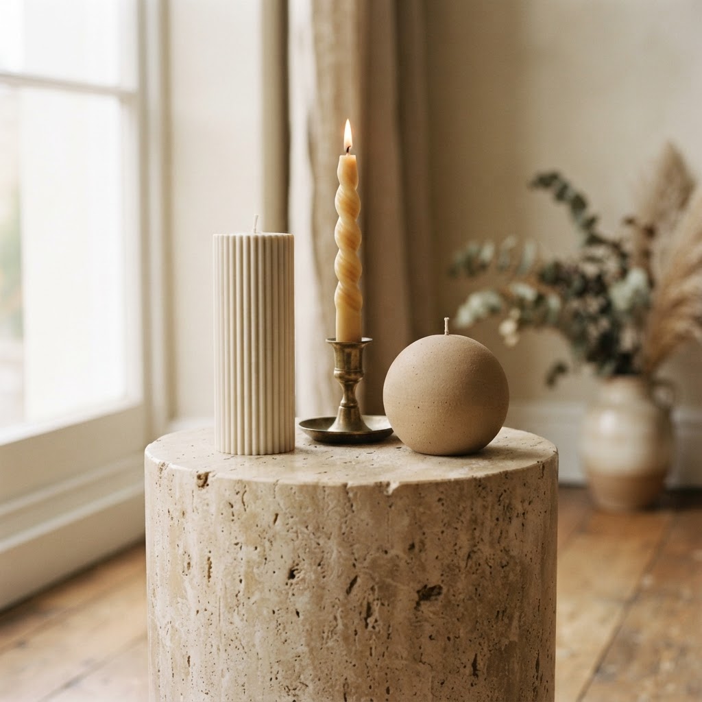 Three hand-poured sculptural candles on a travertine pedestal