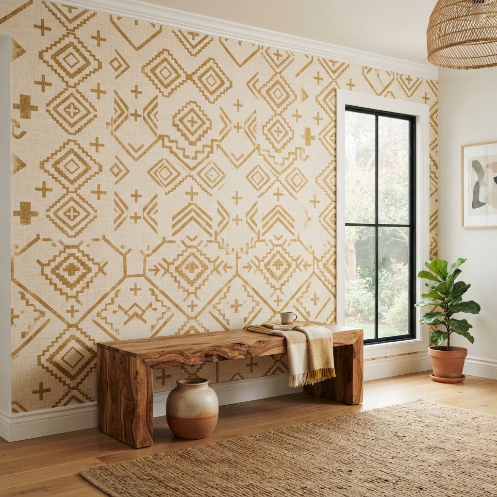 Hand-printed brass-gold Zapotec wallpaper installed in a bright room