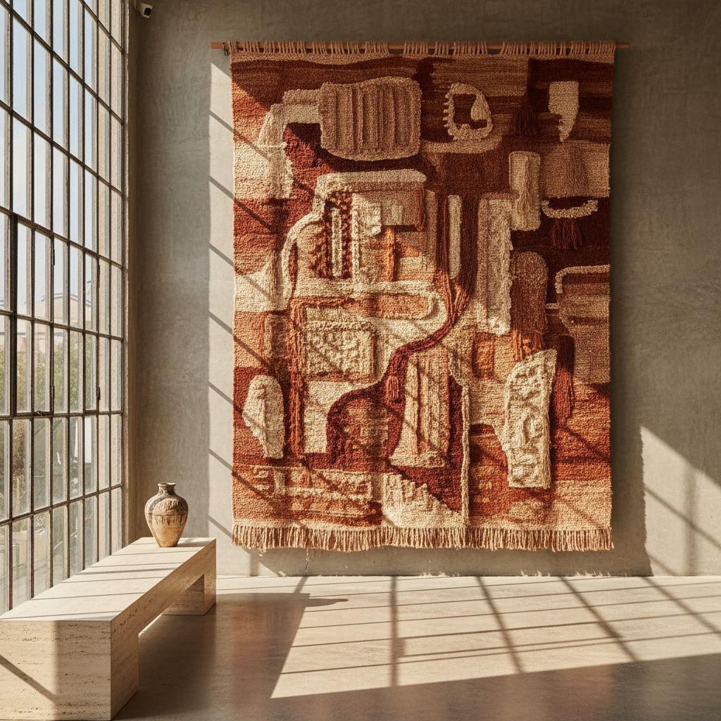 Hand-woven wall textile installed in a modernist loft