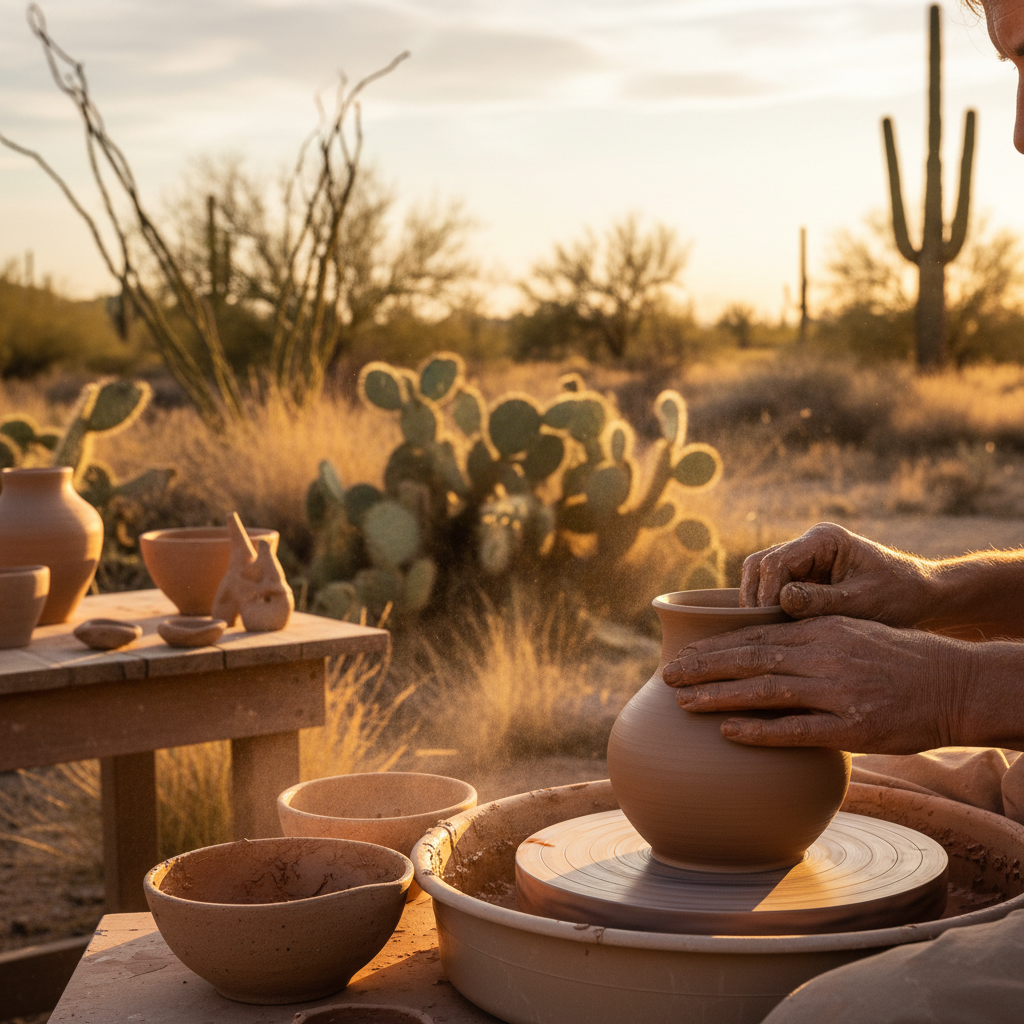 Arizona ceramicist shaping stoneware vessel from local desert clay