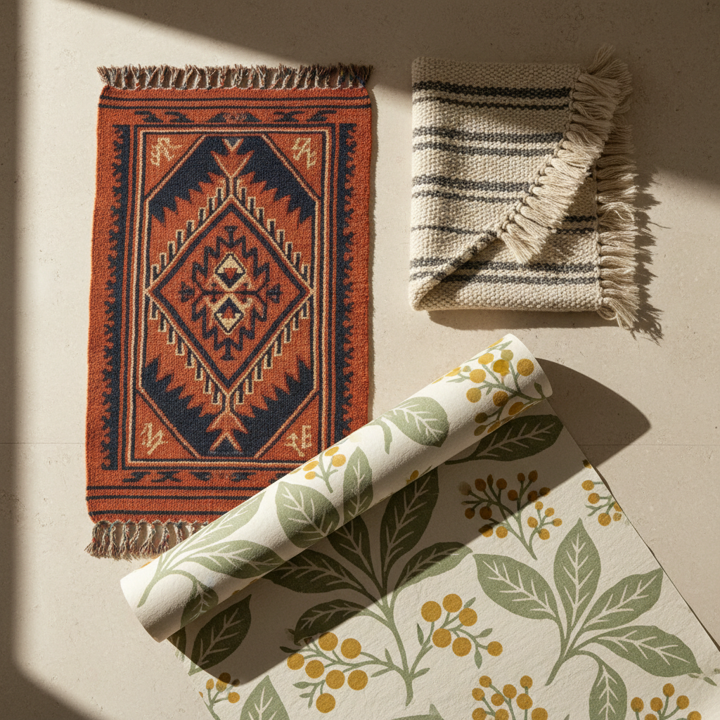 Curated wall textiles, wallpapers and rugs