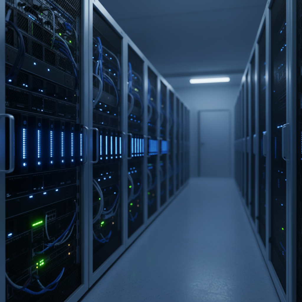 Data center server rack with blue LED lights