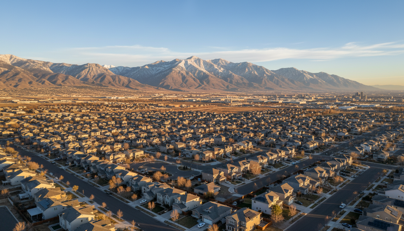 Aerial view of Utah suburban neighborhoods with Wasatch Mountains