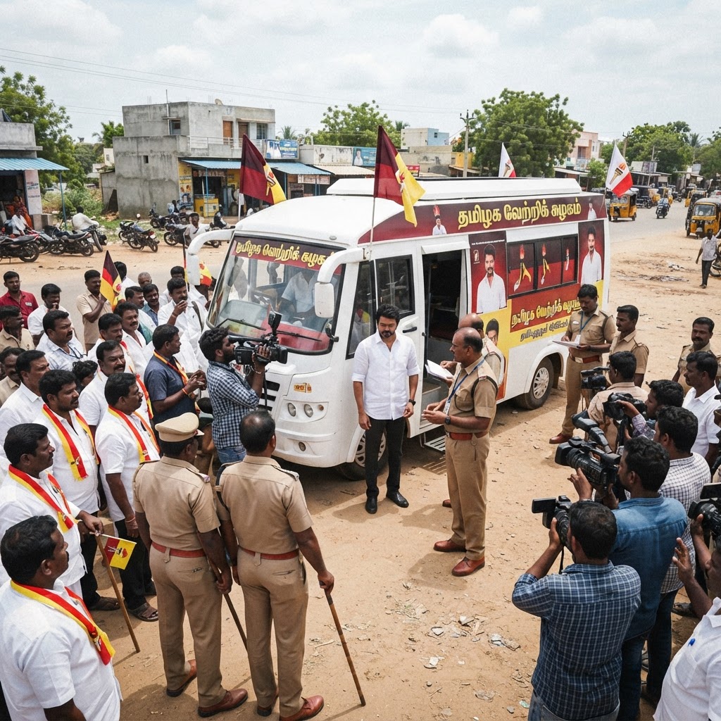சிவகங்கை அருகே தவெக தலைவர் விஜயின் பிரச்சார வாகனத்தில் தேர்தல் பறக்கும் படையினர்