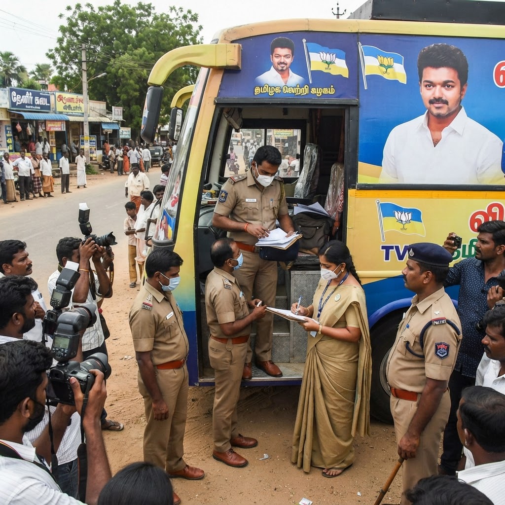 சிவகங்கை அருகே தவெக தலைவர் விஜயின் பிரச்சார வாகனத்தில் தேர்தல் பறக்கும் படையினர் ஆய்வு