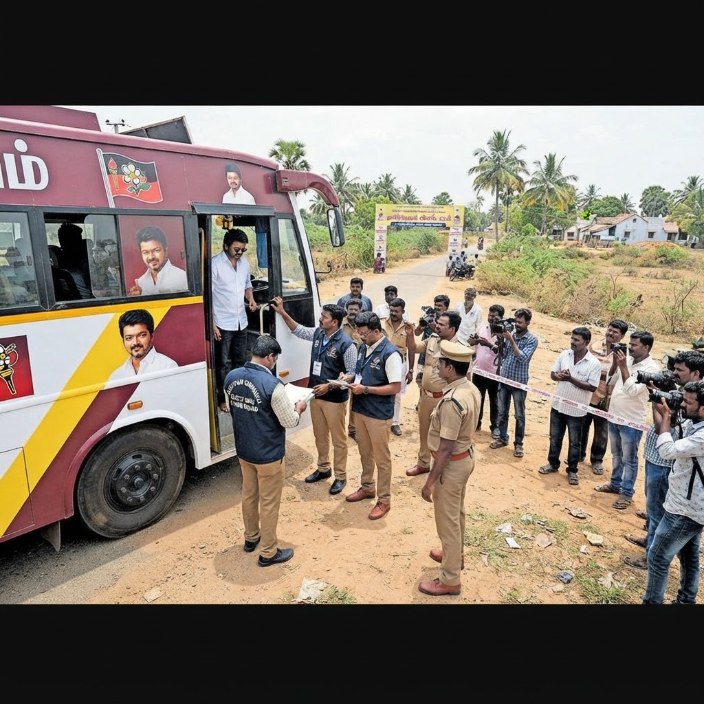 சிவகங்கை அருகே தவெக தலைவர் விஜயின் பிரச்சார வாகனத்தில் தேர்தல் பறக்கும் படையினர் சோதனை