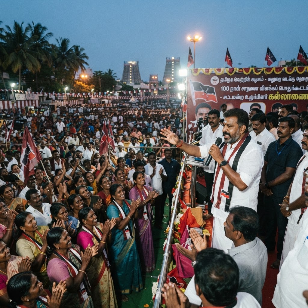 மதுரை வடக்கு தொகுதியில் தவெக சாதனை விளக்கப் பொதுக்கூட்டம் நடைபெற்றது