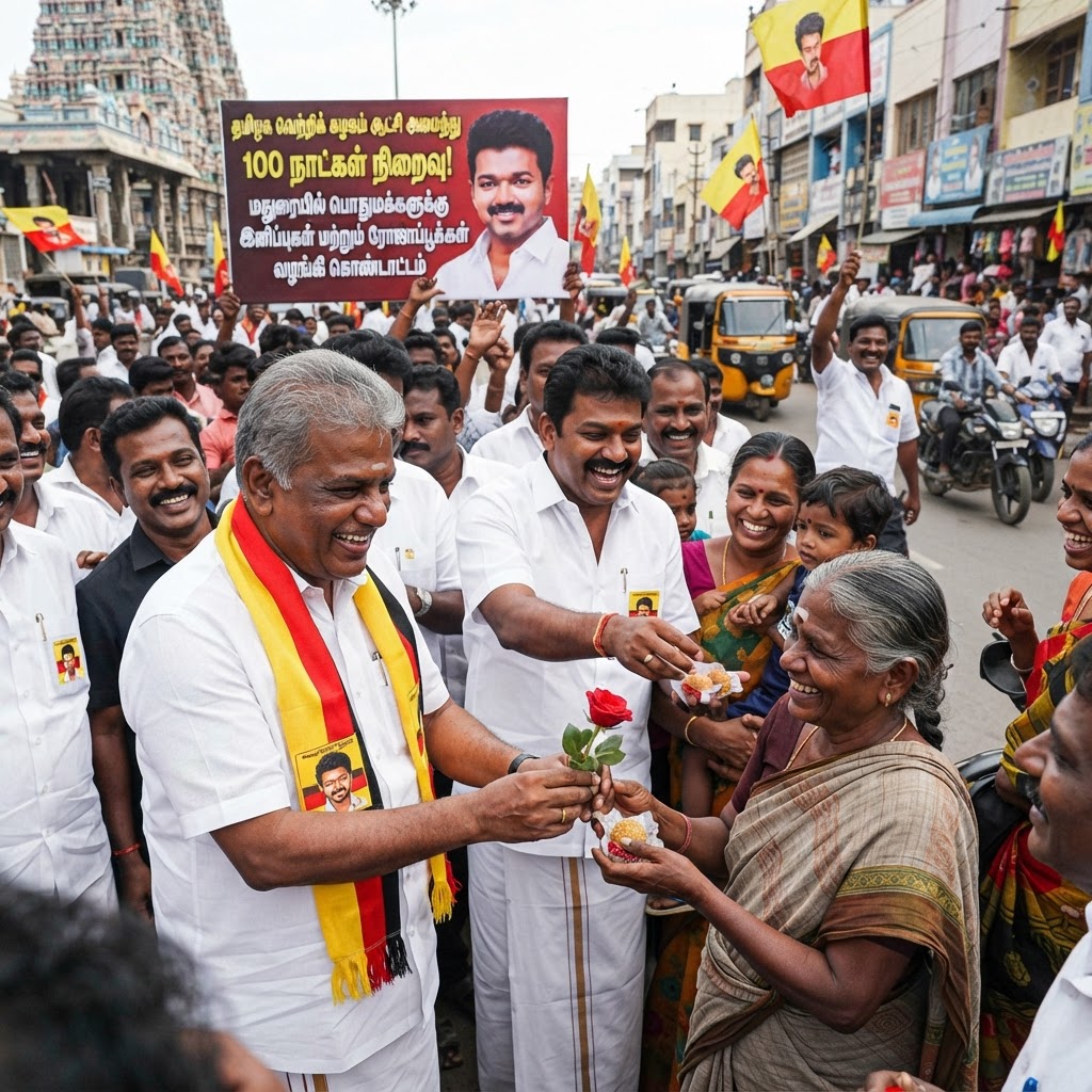 மதுரையில் தவெக அரசின் 100-வது நாள்: இனிப்பு, ரோஜாப்பூ வழங்கி கொண்டாடிய தவெகவினர்