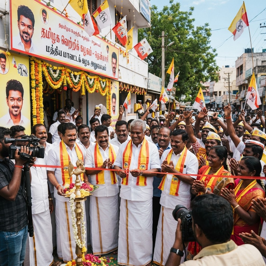 தென்காசி மத்திய மாவட்ட தமிழக வெற்றிக் கழக அலுவலகம் திறப்பு