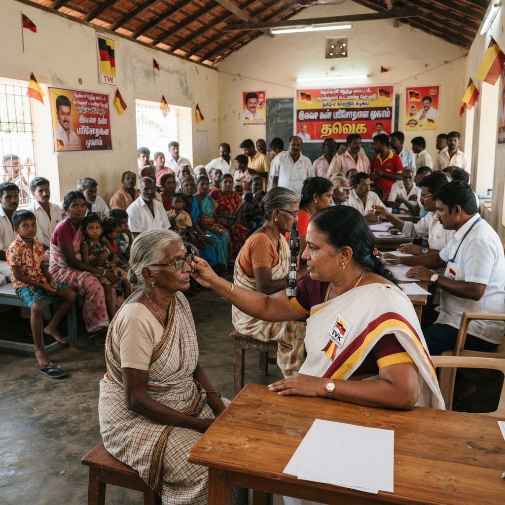 தமிழக வெற்றிக் கழகம் சார்பில் தென்காசி தெற்கு மாவட்டத்தில் பொதுமக்களுக்கு கண் பரிசோதனை முகாம்