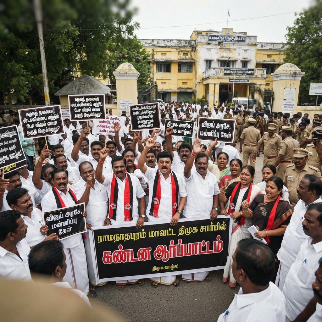 ராமநாதபுரத்தில் த.வெ.க அரசுக்கு எதிராக திமுகவினர் ஆர்ப்பாட்டம்