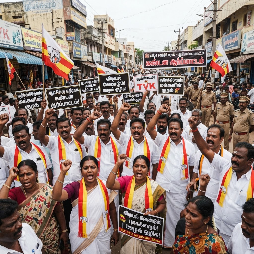புதுக்கோட்டையில் த.வெ.க. அரசுக்கு எதிராக கண்டன ஆர்ப்பாட்டம்