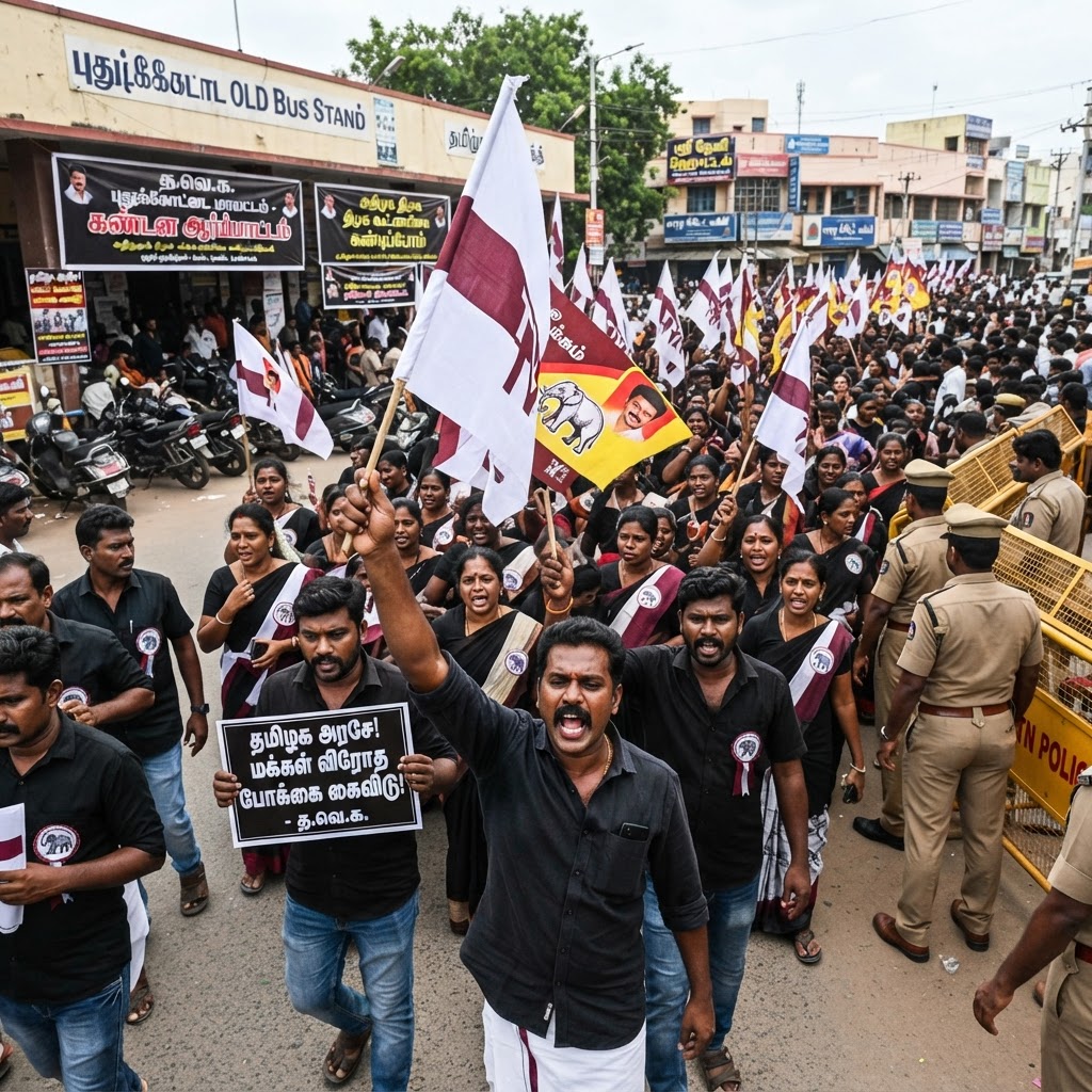 புதுக்கோட்டையில் தவெக அரசை கண்டித்து போராட்டம்