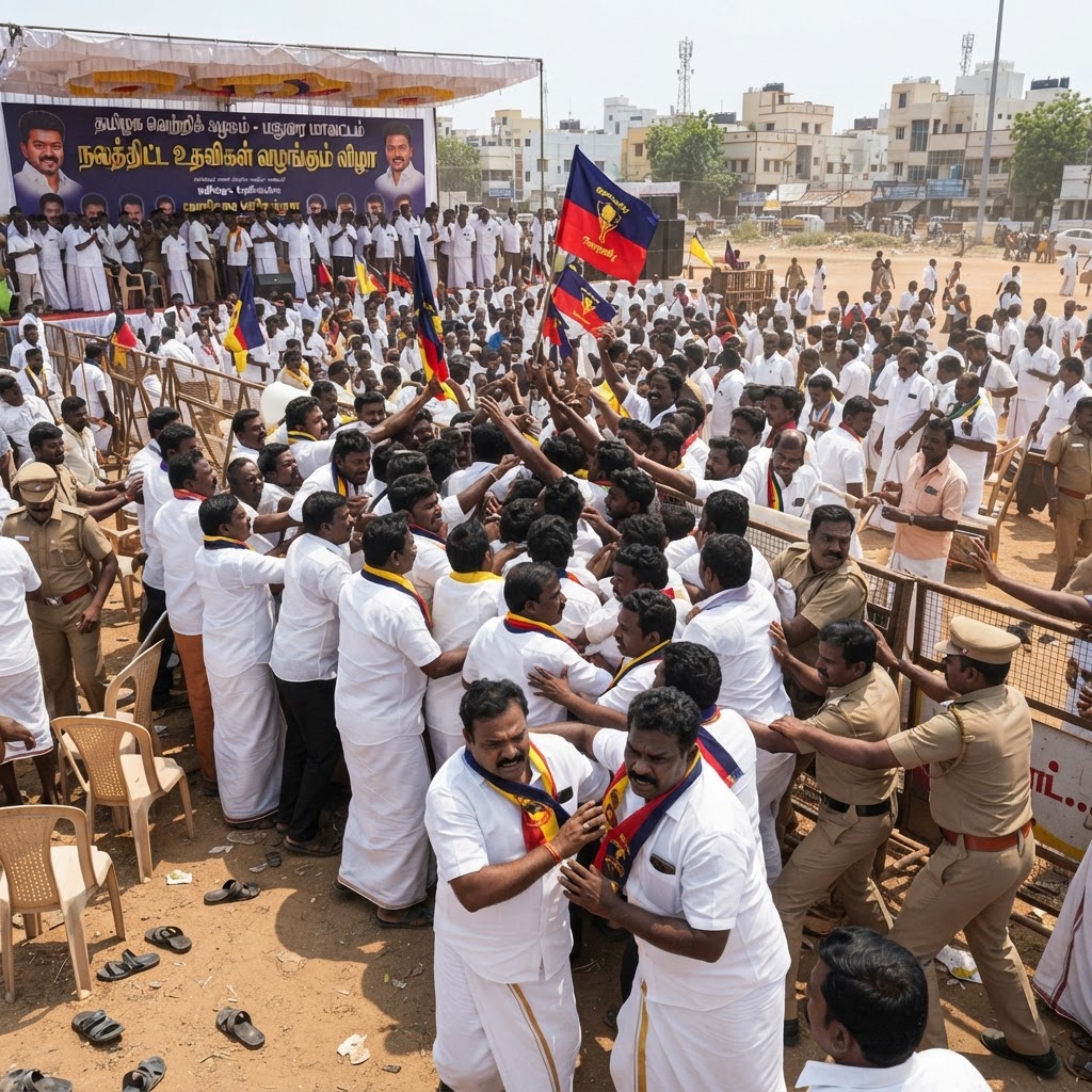 மதுரை திருப்பரங்குன்றத்தில் தவெக நலத்திட்ட விழாவில் தள்ளுமுள்ளு