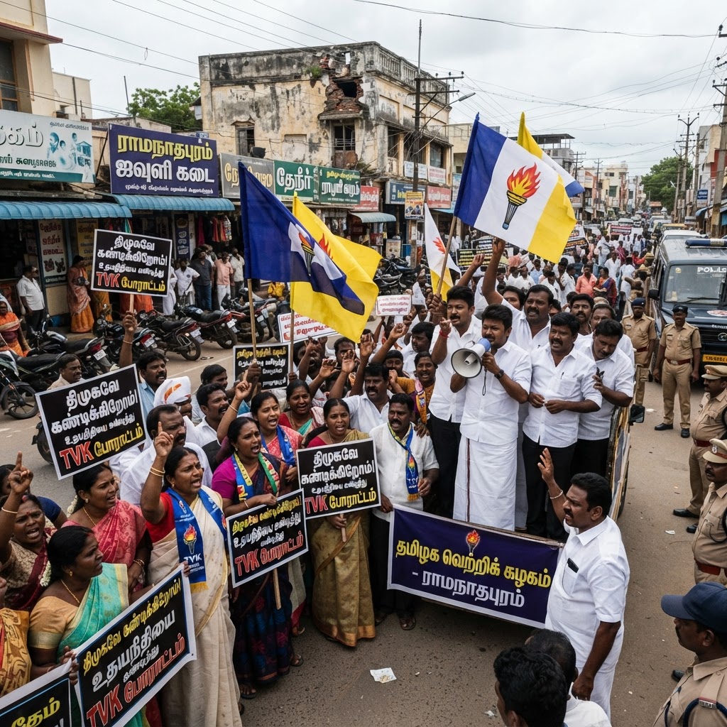ராமநாதபுரத்தில் உதயநிதி ஸ்டாலினின் கருத்தைக் கண்டித்து த.வெ.கவினர் ஆர்ப்பாட்டம்