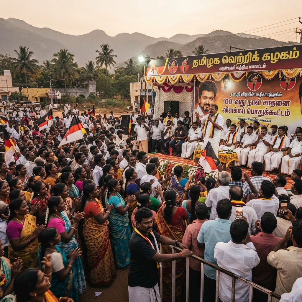 தென்காசி மத்திய மாவட்டம் சார்பில் 100-வது நாள் சாதனை விளக்கப் பொதுக்கூட்டம்