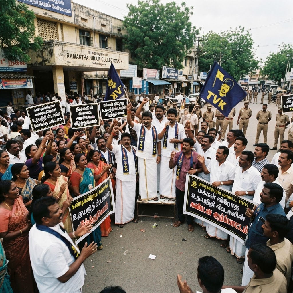 ராமநாதபுரத்தில் திமுக தலைவர் உதயநிதி ஸ்டாலினின் கருத்தைக் கண்டித்து தவெகவினர் ஆர்ப்பாட்டம்