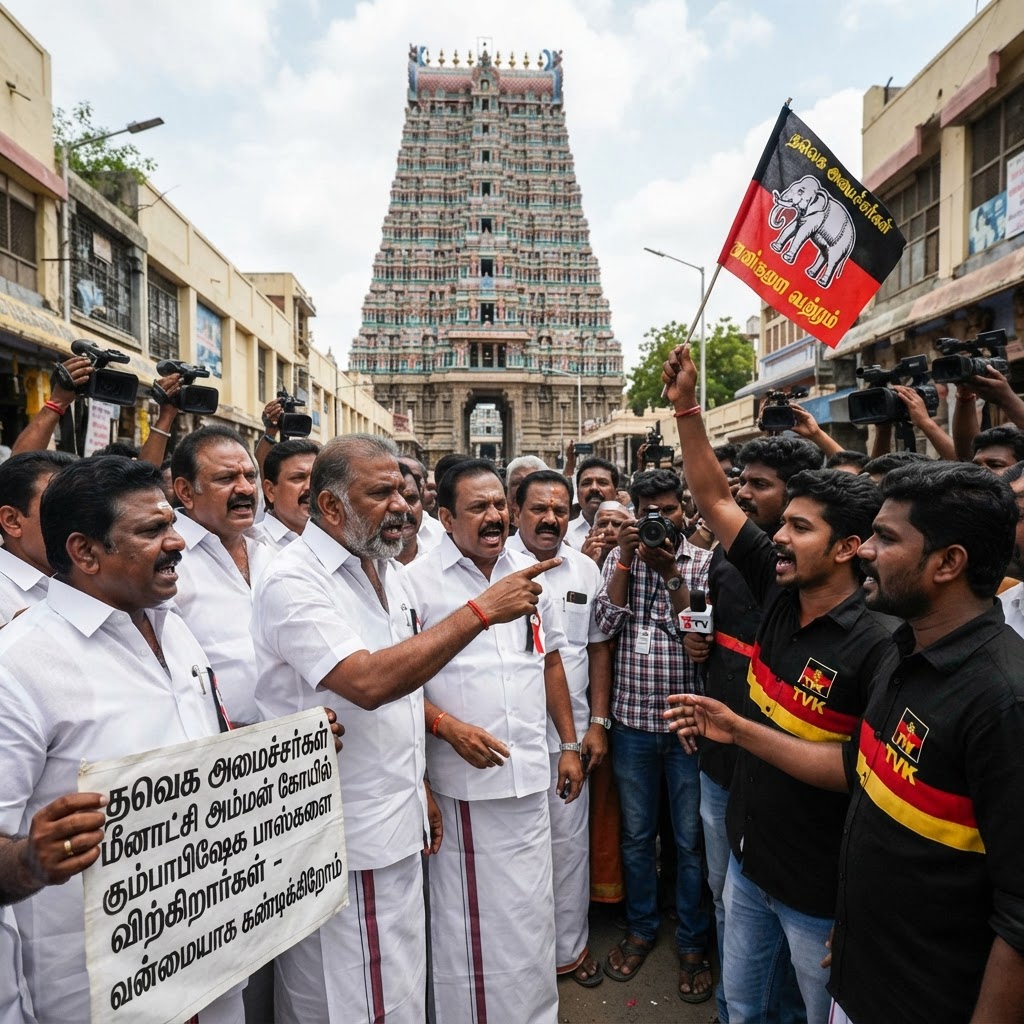 மீனாட்சி சுந்தரேஸ்வரர் கோயில் கும்பாபிஷேகம்: பாஸ் விநியோகத்தில் தவெக அமைச்சர்கள் மீது திமுக கவுன்சிலர்கள் புகார்