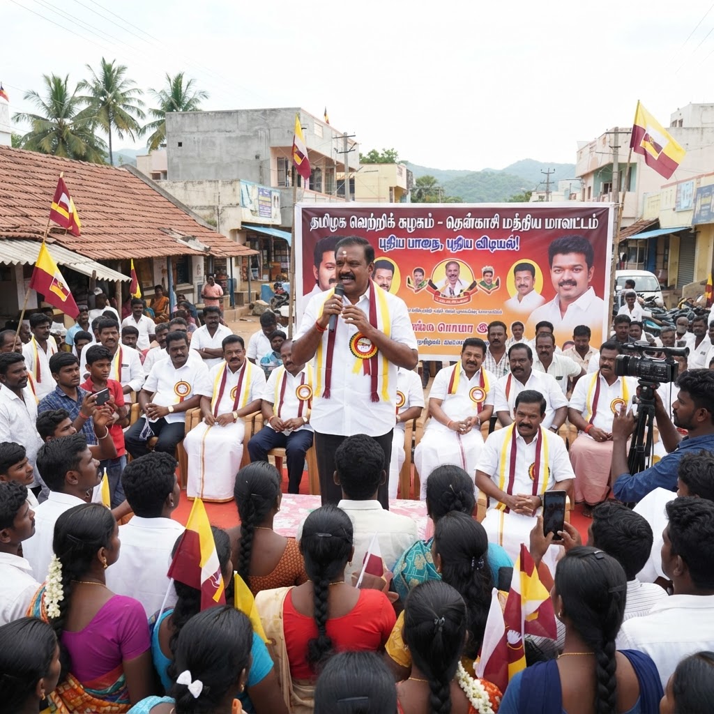 தென்காசி மத்திய மாவட்ட செயலாளரும், தமிழக வெற்றிக் கழகம் (TVK) கட்சியைச் சேர்ந்தவர்களும்