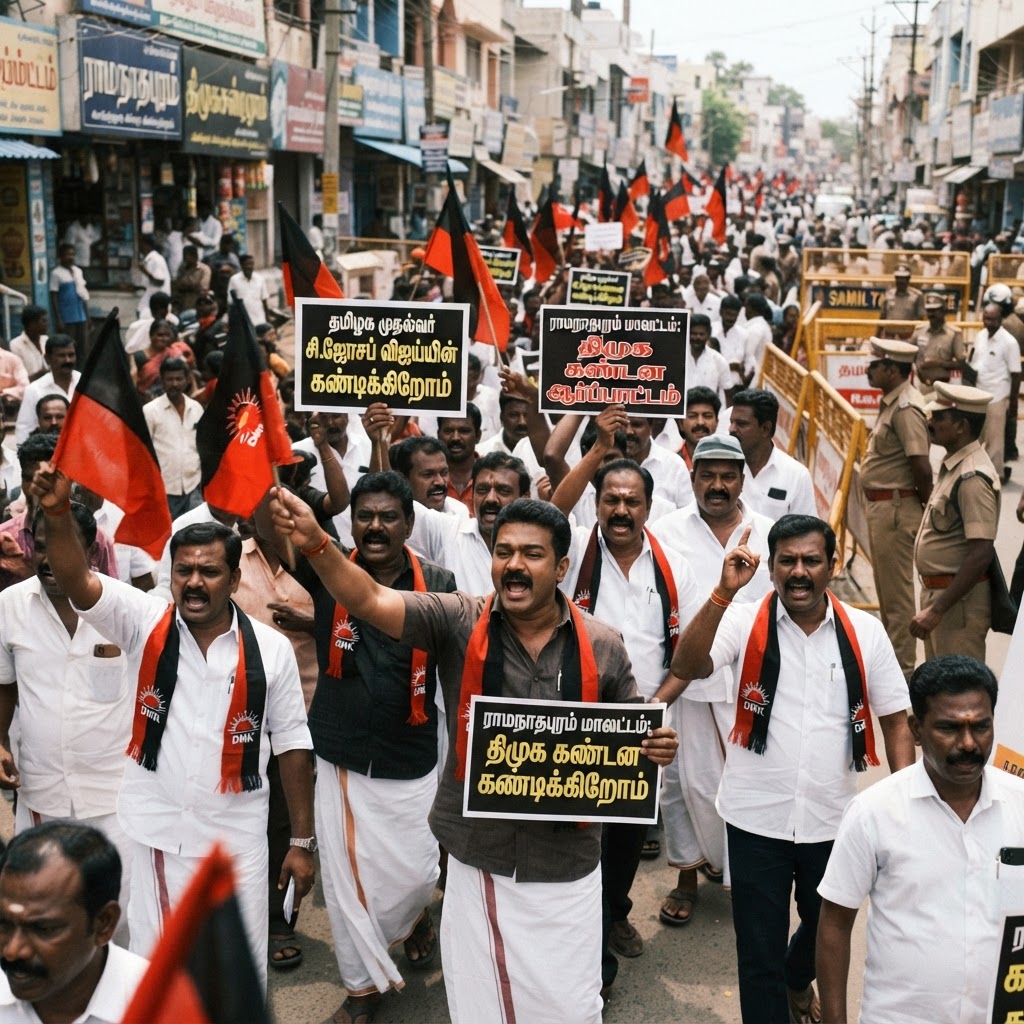 ராமநாதபுரம், சிவகங்கையில் த.வெ.க. அரசுக்கு எதிராக திமுக போராட்டம்