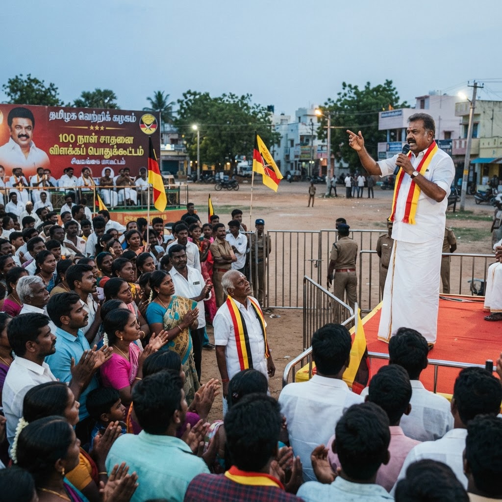 சிவகங்கை மாவட்டத்தில் தமிழக வெற்றிக் கழகத்தின் 100 நாள் சாதனைகள் விளக்கப் பொதுக்கூட்டம்