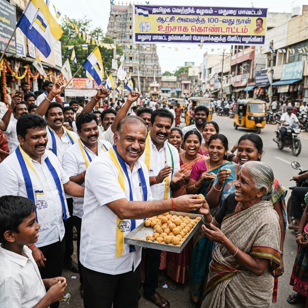 மதுரையில் தவெக அரசின் 100-வது நாள் கொண்டாட்டம்