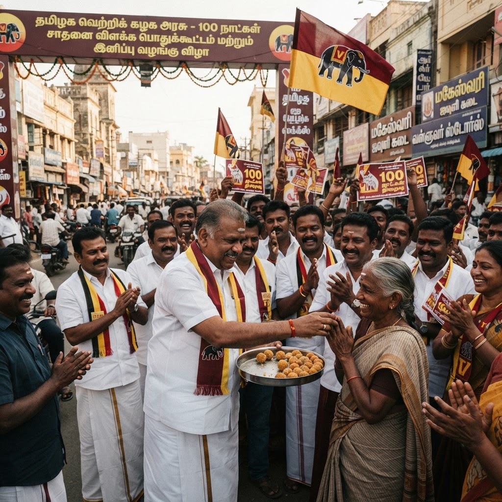தமிழக வெற்றிக் கழக அரசு 100 நாட்களை நிறைவு செய்ததை மதுரை நிர்வாகிகள் கொண்டாட்டம்