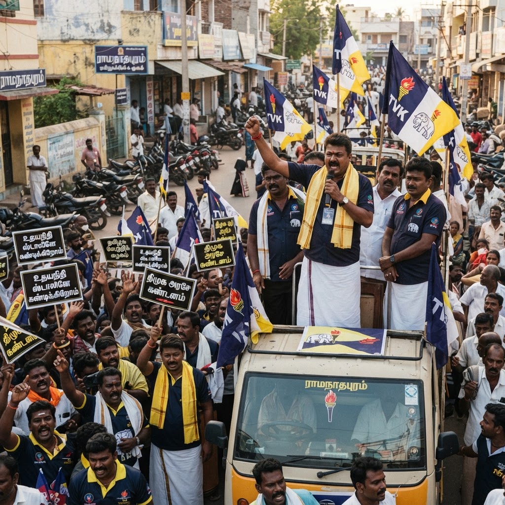 ராமநாதபுரத்தில் உதயநிதி ஸ்டாலினின் கருத்தைக் கண்டித்து தவெகவினர் ஆர்ப்பாட்டம்