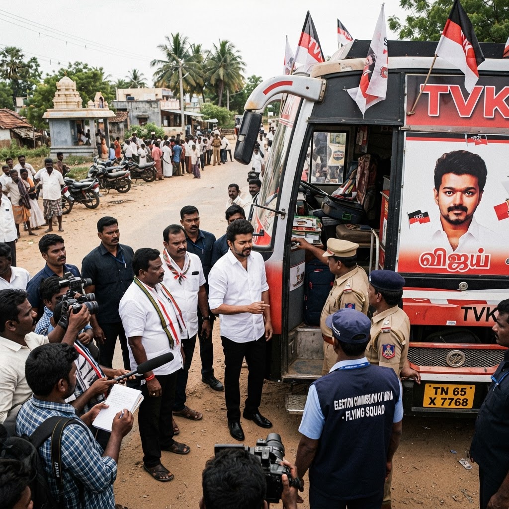 சிவகங்கை அருகே தவெக தலைவர் விஜயின் பிரச்சார வாகனத்தில் தேர்தல் பறக்கும் படை சோதனை