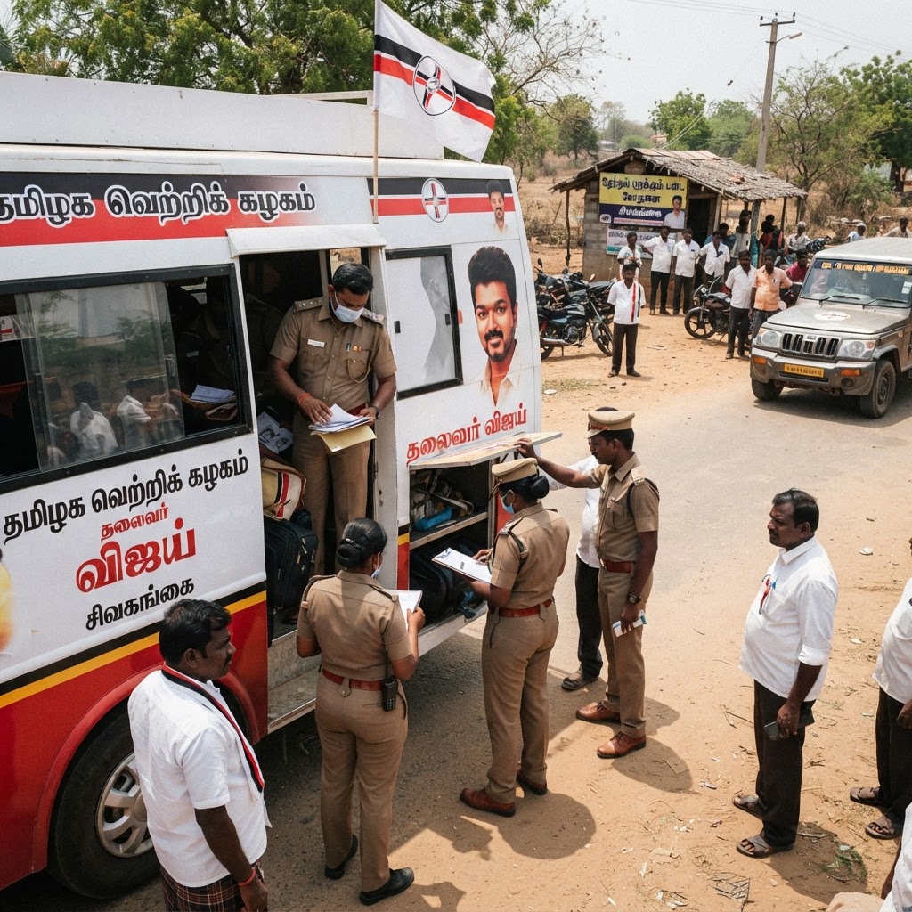 சிவகங்கை மாவட்ட எல்லையில் விஜயின் பரப்புரை வாகனத்தில் தேர்தல் பறக்கும் படையினர் சோதனை