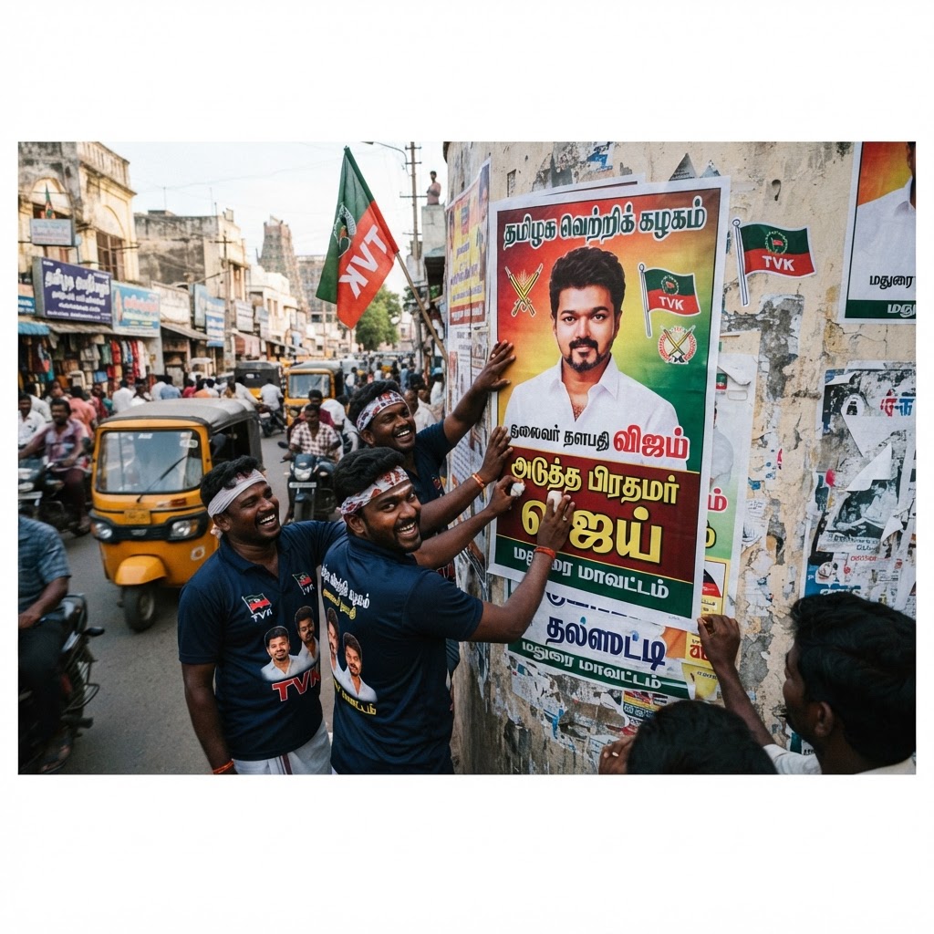 விஜய் பிரதமராவார் என்று ஆதரவாளர்கள் மதுரையில் சுவரொட்டிகள் ஒட்டினர்