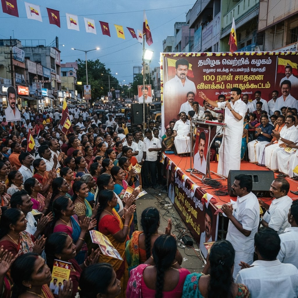 மதுரையில் தமிழக வெற்றிக் கழகத்தின் 100 நாள் சாதனை விளக்கப் பொதுக்கூட்டம் நடைபெற்றது