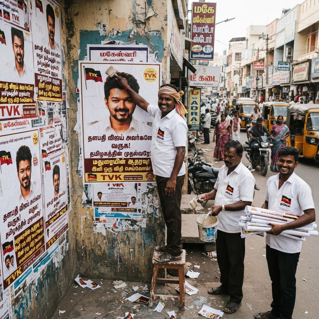 மதுரையில் விஜய் பிரதமர் ஆவார் என போஸ்டர் ஒட்டிய தவெக ஆதரவாளர்கள்