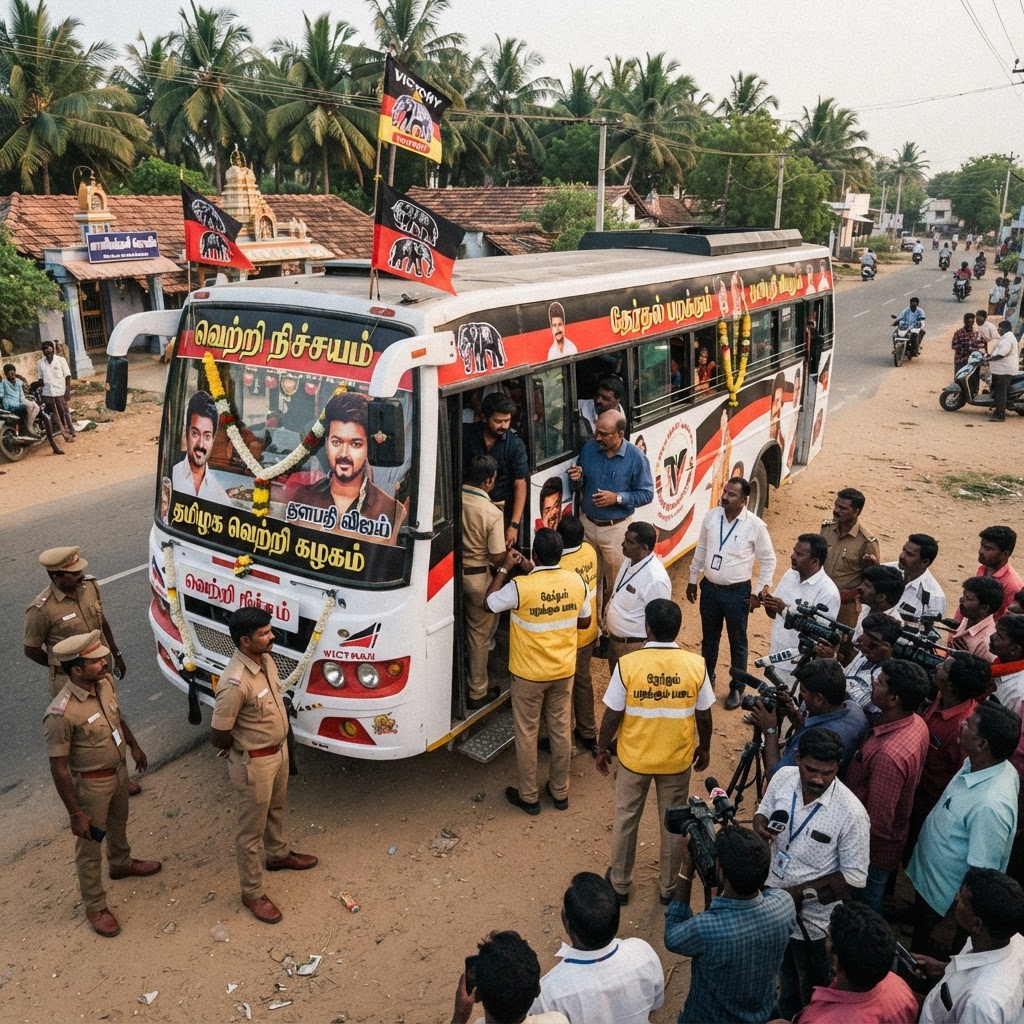 சிவகங்கை அருகே தவெக தலைவர் விஜயின் பிரச்சார வாகனத்தில் தேர்தல் பறக்கும் படை சோதனை