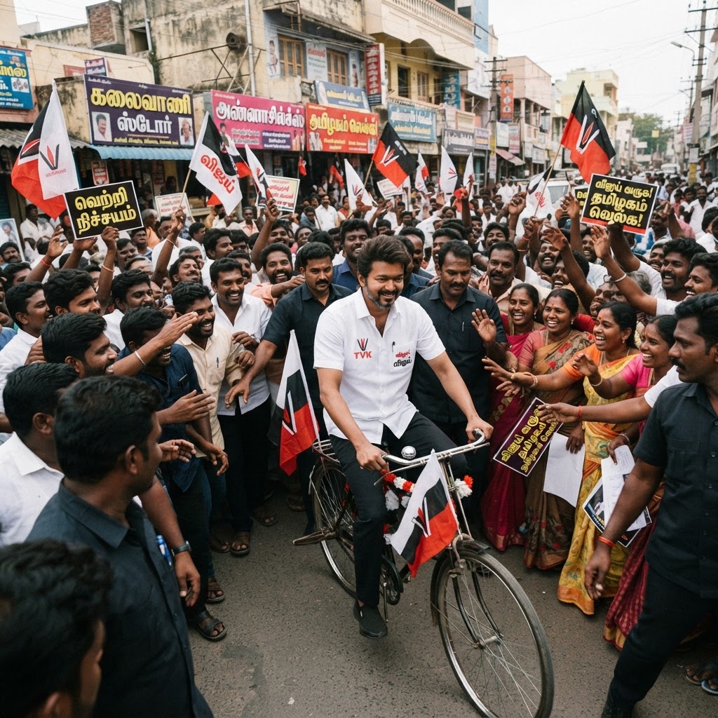 சிவகங்கை மாவட்டத்தில் பிரச்சாரத்தின் போது காரைக்குடியில் சைக்கிளில் சென்ற தவெக தலைவர் விஜய்