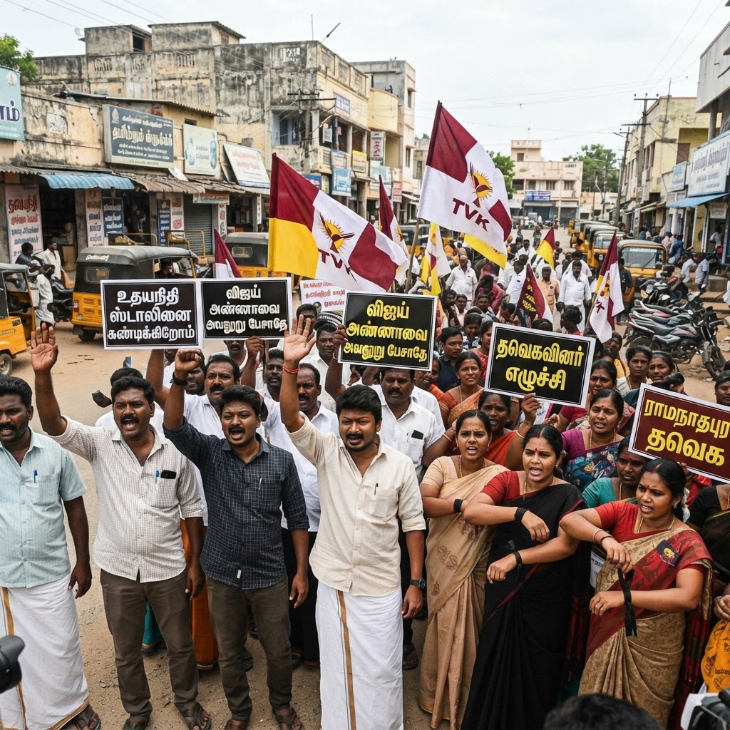 உதயநிதி ஸ்டாலினின் அவதூறு பேச்சுக்கு எதிராக ராமநாதபுரத்தில் தவெகவினர் போராட்டம்
