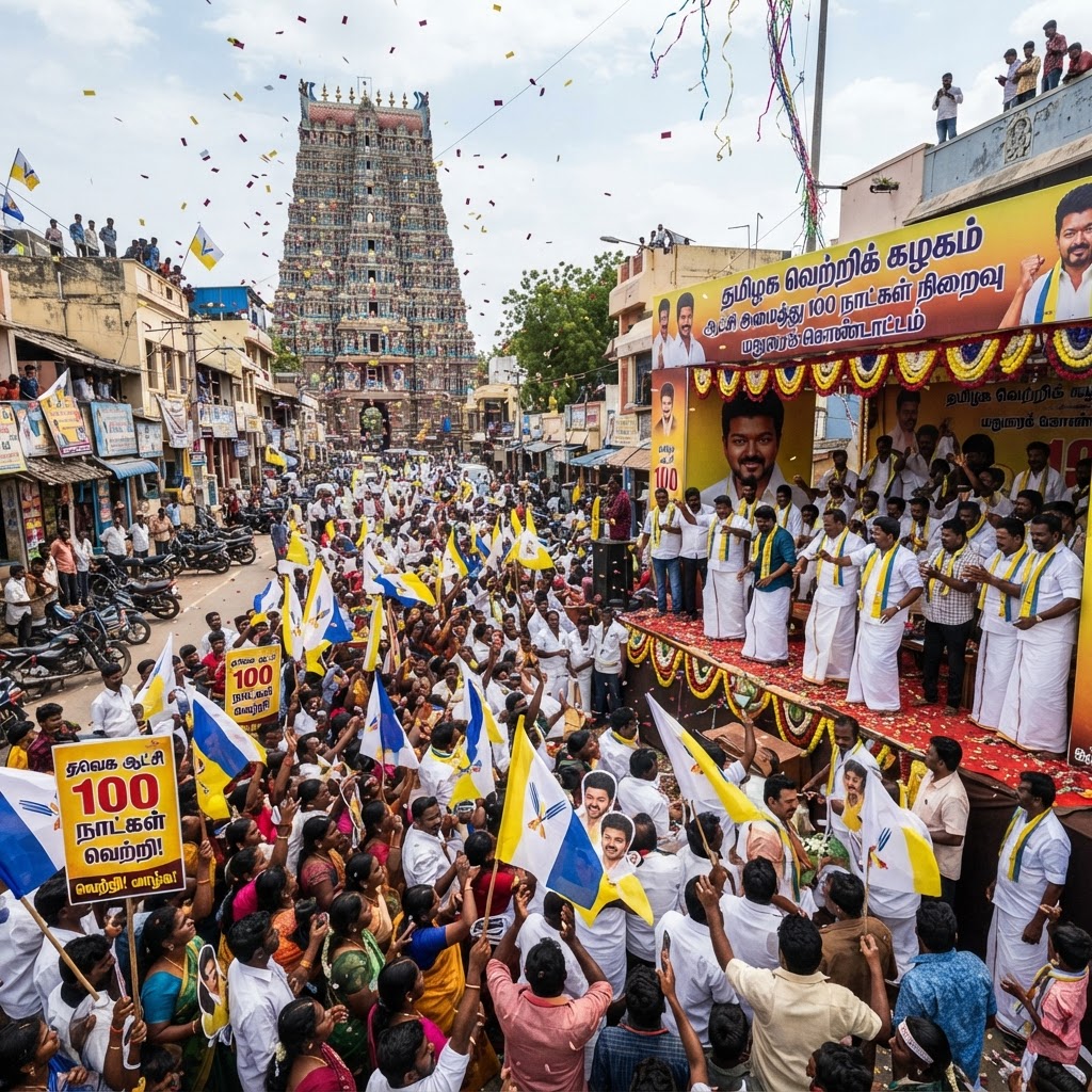 மதுரையில் தவெக அரசின் 100-வது நாள் கொண்டாட்டம்: பொதுமக்களுக்கு இனிப்புகள் வழங்கப்பட்டன