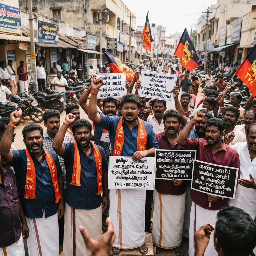 முதல்வர் விஜய்யை விமர்சித்த உதயநிதிக்கு எதிராக தவெகவினர் ராமநாதபுரத்தில் கண்டன ஆர்ப்பாட்டம்