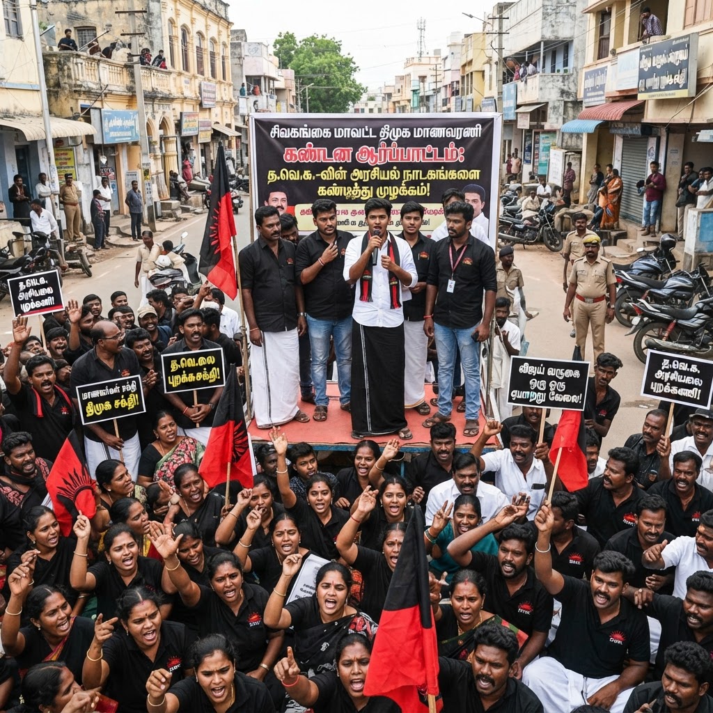 சிவகங்கை மாவட்ட திமுக மாணவரணி சார்பில், த.வெ.க. அரசை கண்டித்து கண்டன ஆர்ப்பாட்டம்