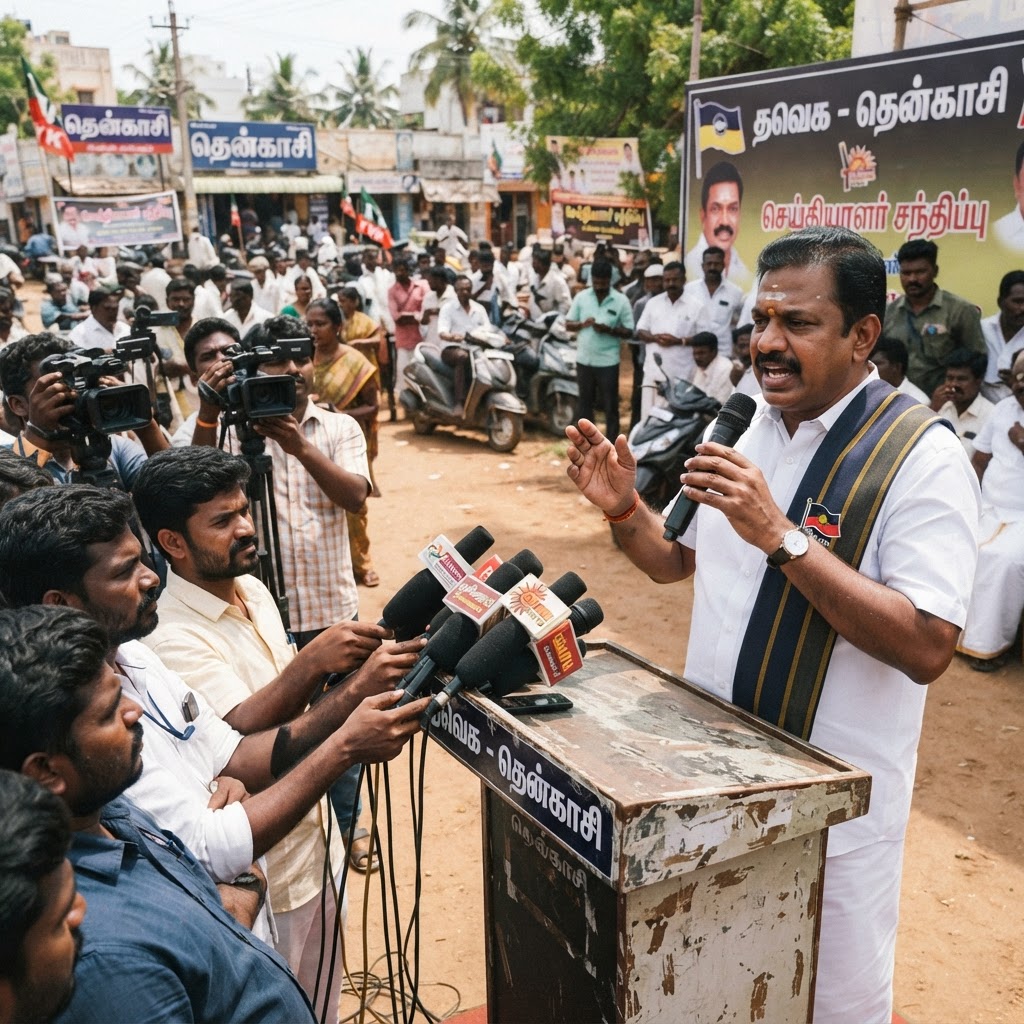 தென்காசியில் செய்தியாளர்களைச் சந்தித்த தவெக அமைச்சர் சி.டி.ஆர். நிர்மல் குமார்