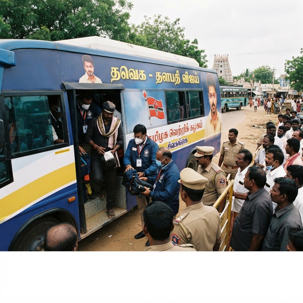 சிவகங்கை அருகே தவெக தலைவர் விஜயின் பிரச்சார வாகனத்தில் தேர்தல் பறக்கும் படையினர் சோதனை