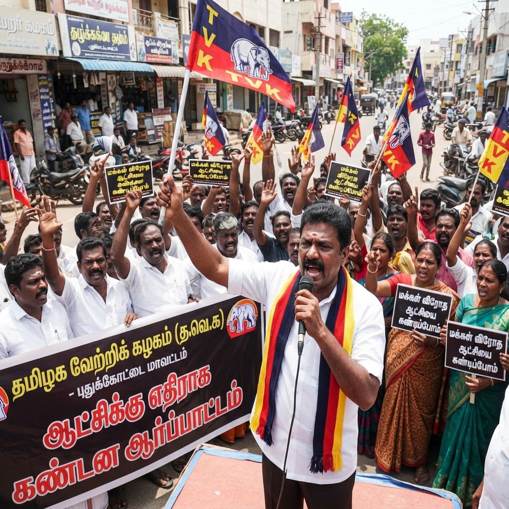 புதுக்கோட்டையில் த.வெ.க அரசுக்கு எதிராக கண்டன ஆர்ப்பாட்டம்