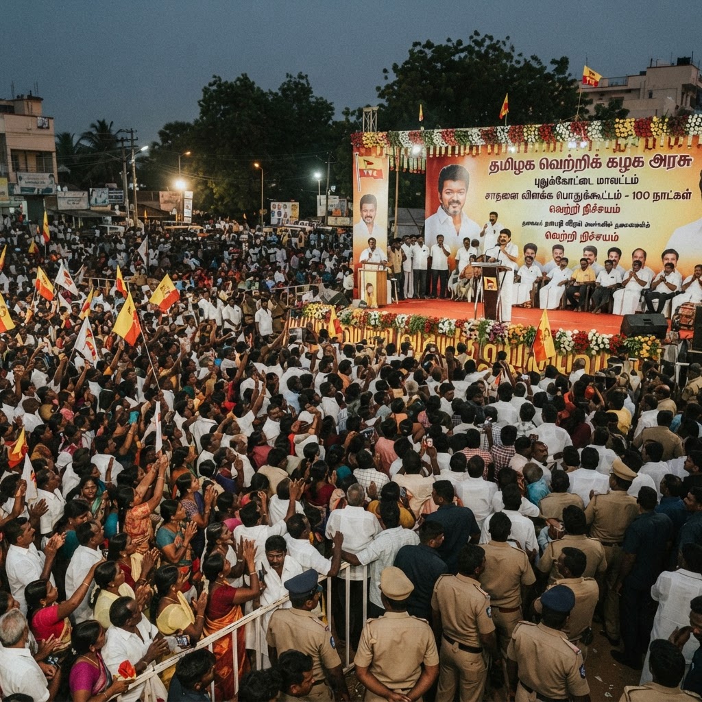 புதுக்கோட்டையில் தவெக அரசின் 100 நாள் சாதனை விளக்க பொதுக்கூட்டம்