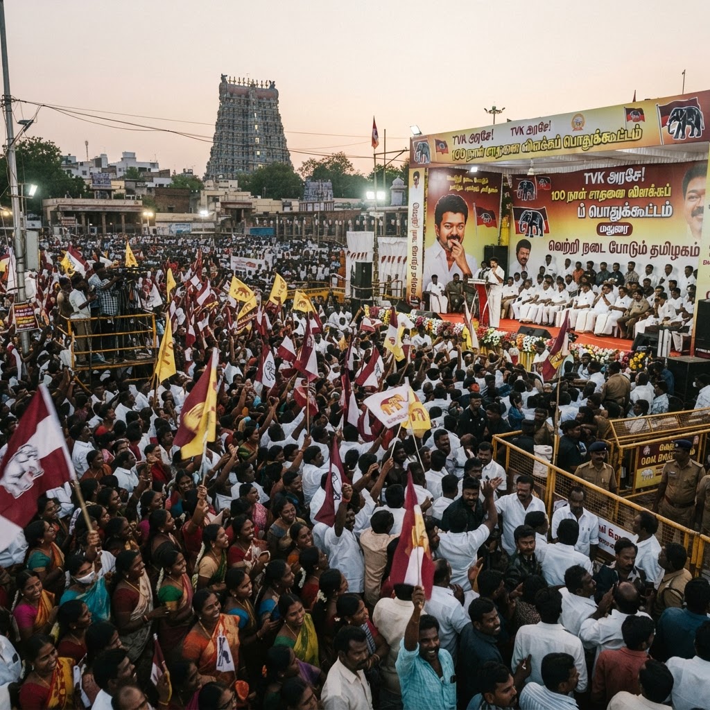 மதுரை வாடிபட்டியில் த.வெ.க அரசு 100 நாள் சாதனை விளக்க பொதுக்கூட்டம்